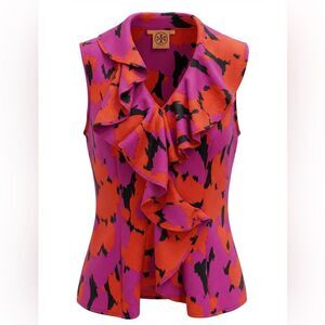 Tory Burch women’s Pink and Red Ruffled Blouse Peter Pan Collar silk size 10